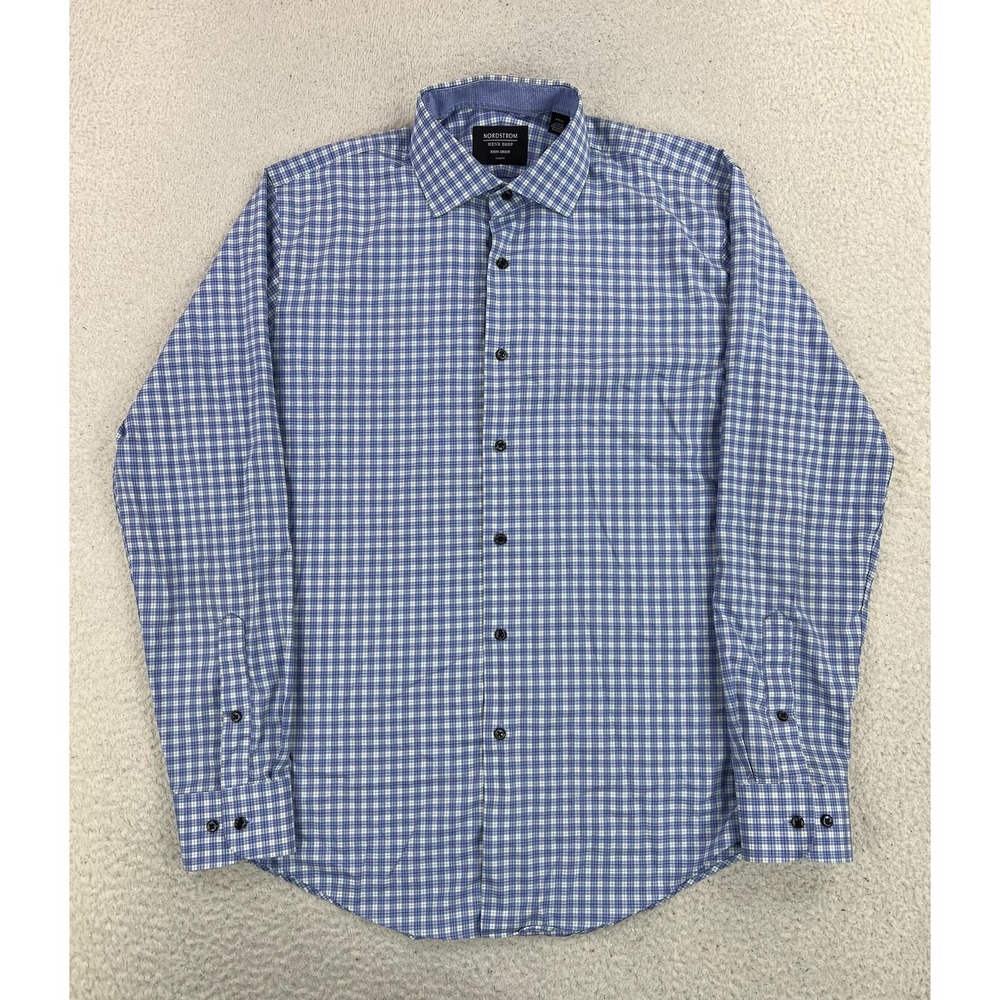 Nordstrom Men's Shop Dress Shirt Mens 15.5 32/33 Blue Check Slim Fit Non Iron LS